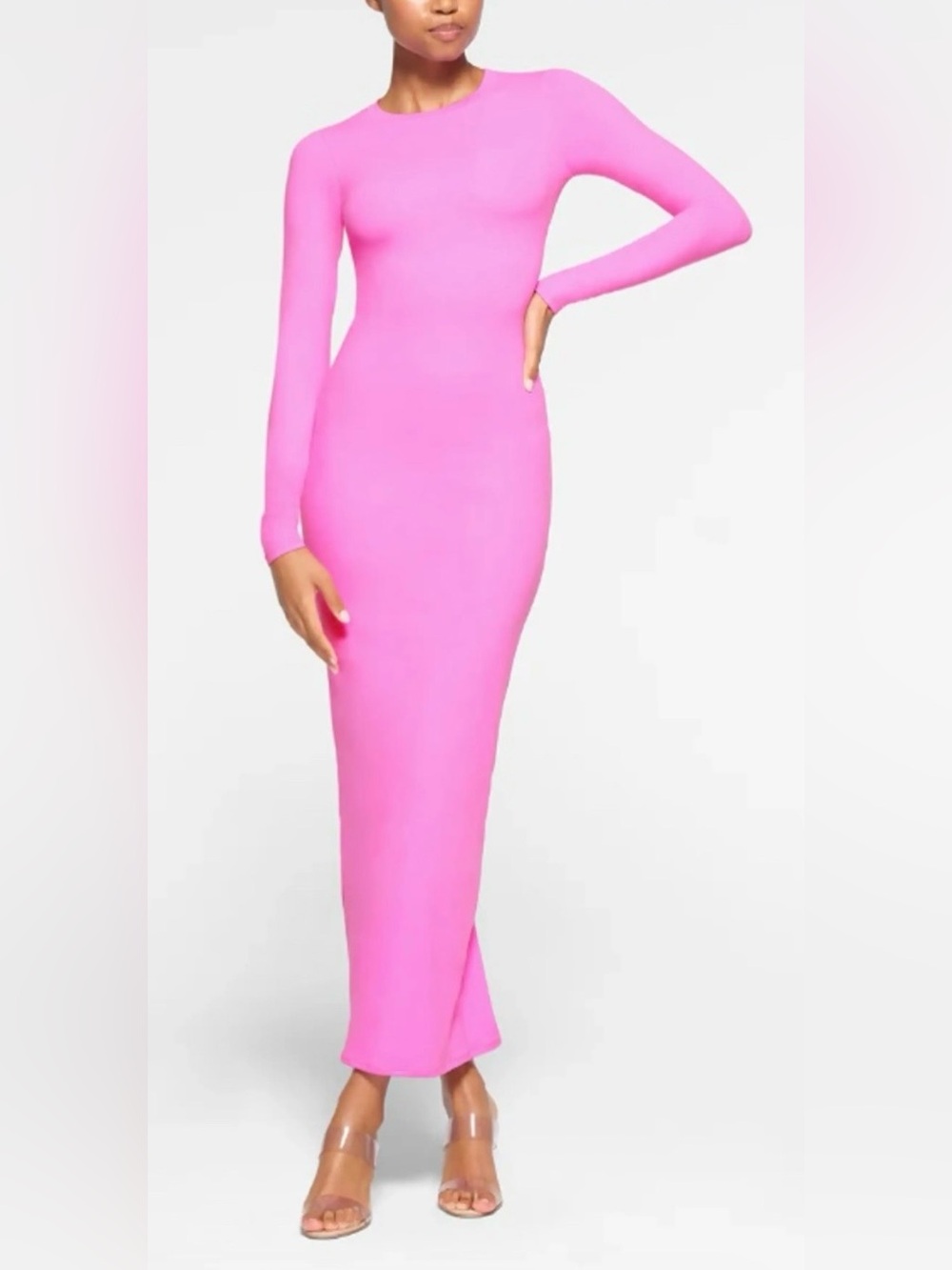 Skims Fits Everybody Crew Neck Long-Sleeve Pink Bodycon Maxi Dress Size XL